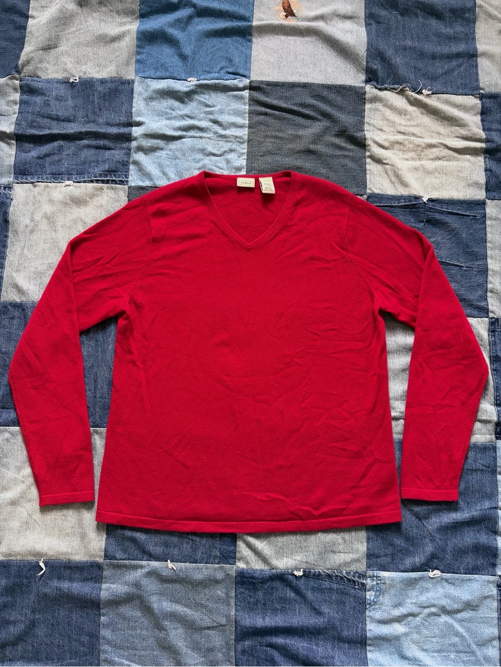 LL Bean 100% Cashmere Red Knit Sweater V Neck Size L